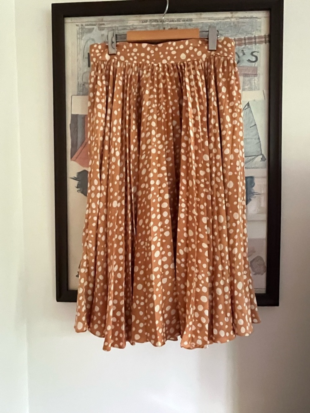 Tucker 💯 Silk Pleated Midi Orange/Brown White Midi Speckled Polkadot Skirt L